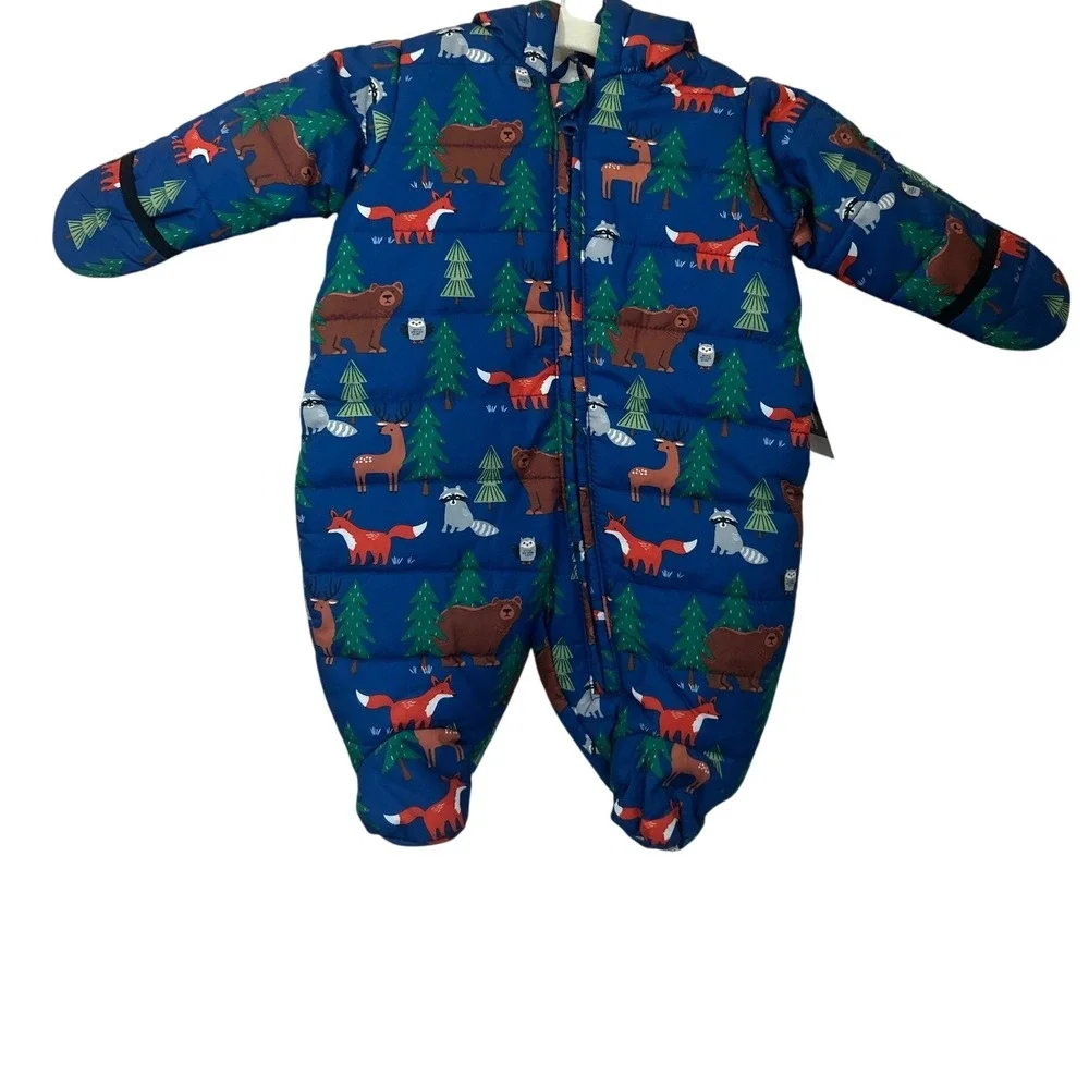The Childrens Place Kids 0-3M Snowsuit Woodland Animal Puffer Bunting Blue